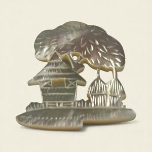 Hand-Carved Mother of Pearl Brooch – Vintage Farmhouse Folk Art Scene, C-Clasp